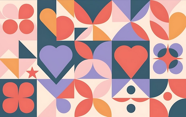 Romantic abstract geometric background with hearts circles rectangles and squares in retro