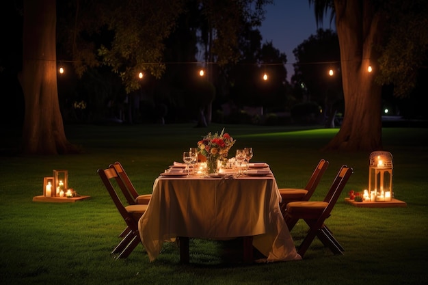 Romantic al fresco dinner for two on a serene lawn created with generative ai