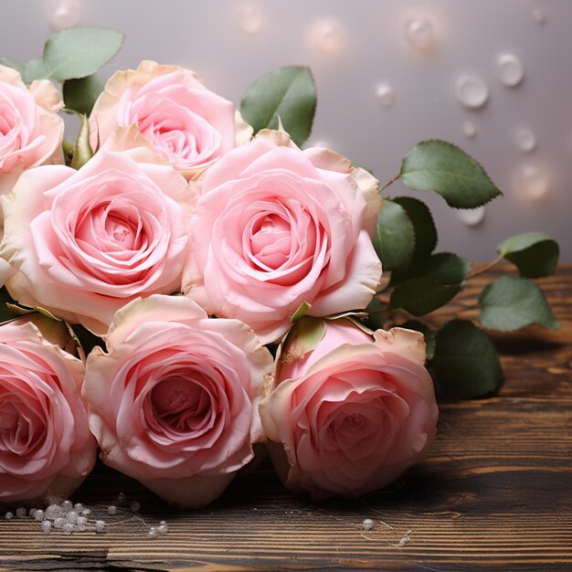 Romantic allure Pink roses on rustic board vintage festivity For Social Media Post Size