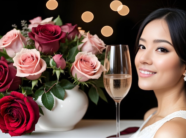 Romantic ambiance with hearts champagne roses ideal for valentines met generative ai generated