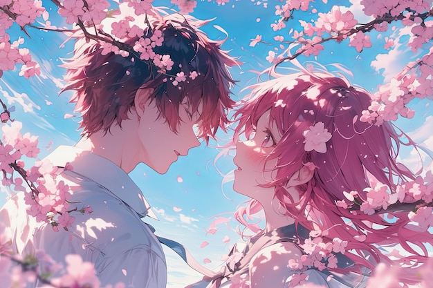 romantic anime couple admires falling cherry blossoms in stunning animation