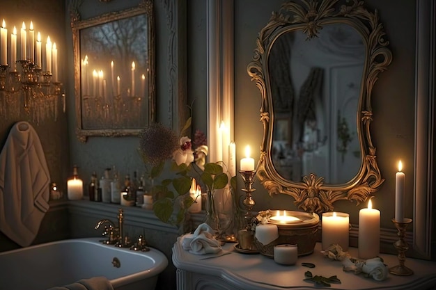 Romantic atmosphere in bathroom with candles and mirrors created with generative ai