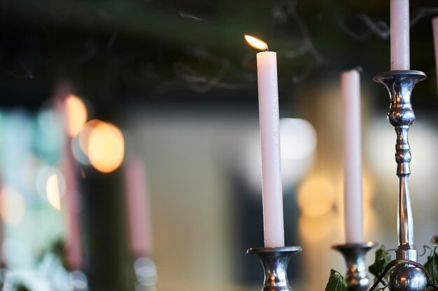 Romantic atmosphere candles on the table in the restaurant