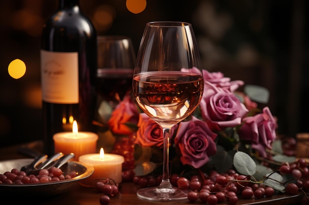 Romantic atmosphere Red wine burning candles roses