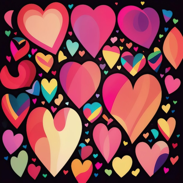 Romantic background of multicolored hearts in pink tones on black Patterns from figures