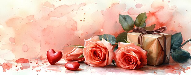 Foto sfondo romantico rose rosse e petali con regali e cuori per il giorno di san valentino