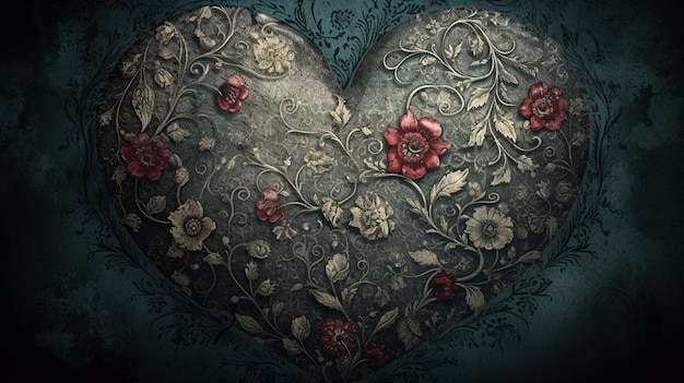 Romantic background with heart and flowers in vintage stylegenerative ai