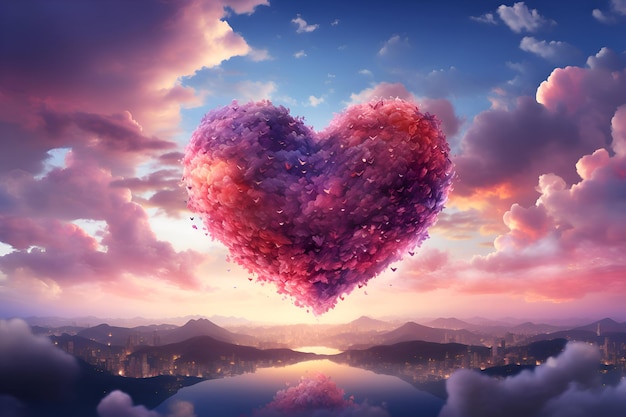 Romantic background with heart and mountains Love concept 3D Rendering