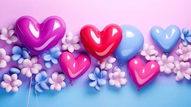 romantic background with red balloons in shape of heart