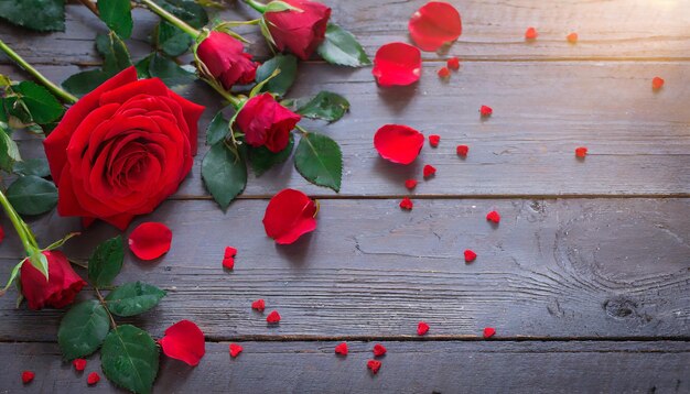 romantic background with red rose on wood table top view