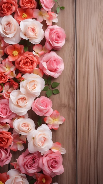 Romantic background with roses on wooden table