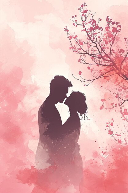 a romantic banner featuring the silhouette of a couple set against a soft