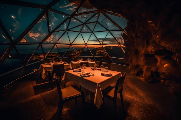 자연 신경망 ai 생성의 해안가 아늑한 돔 레스토랑의 로맨틱 바