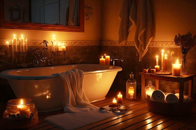 Foto bagno romantico nella notte con candele e asciugamani interni del bagno a lume di candela generativa ai