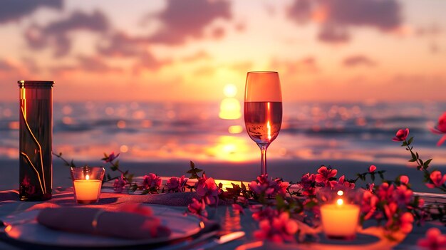 Романтический ужин на пляже при заходе солнца с шампанским