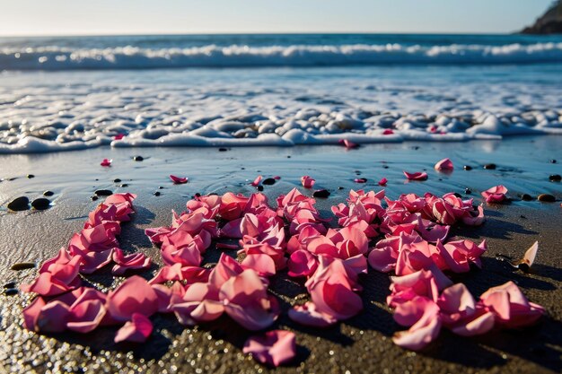 Foto romantica spiaggia dell'amore petali di rosa sulla larga costa pragma.