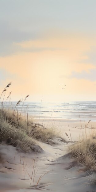 Romantic Beach Painting With Soft Gradients And Detailed Background Elements