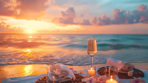 夕暮れのワイングラスの夕食のためのロマンチックなビーチの設定