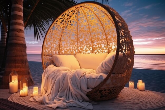 Photo romantic beach sunset wicker swing sofa on the beach candles romantic dinner a natural dream