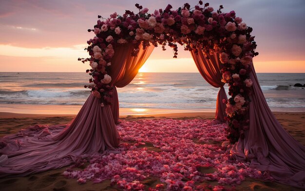 Фото Романтическая свадебная арка на пляже при заходе солнца