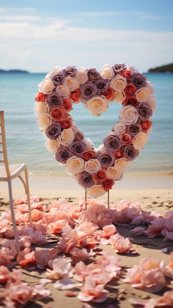 Foto promesse romantiche sulla spiaggia decorazioni a forma di cuore con rose in un piccolo e affascinante sfondo per cellulare verticale per matrimonio