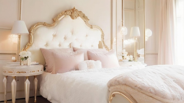 A romantic bedroom with a delicate gilded mirror that reflects the soft dreamy lighting