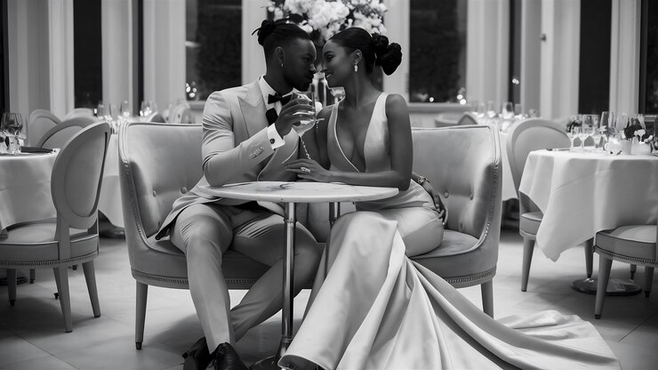 Photo romantic black couple sitting at restaurant wearing elegant clothes