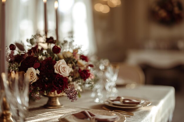 ロマンチックなブルーレッドのウェディングテーブルのスタイル