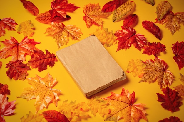 Romantic book with autumn leaves on yellow background. top view