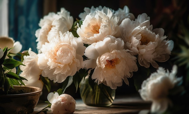 Romantic bouquet of peonies in the interior