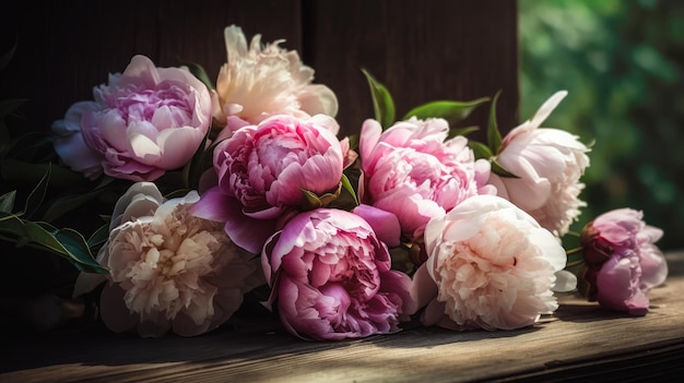 Romantic bouquet of peonies in the interior