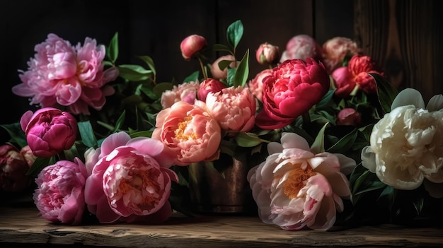 Romantic bouquet of peonies in the interior