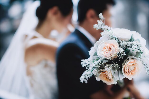 淡いクリーム色の結婚式のためのロマンチックなバラのブーケ