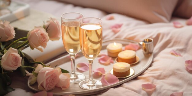 Romantic breakfast in bed with champagne