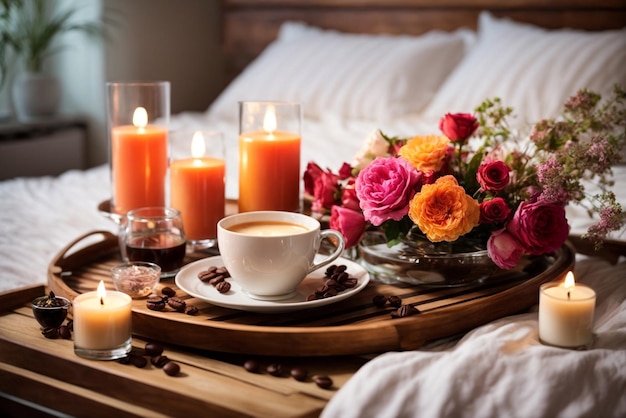 コーヒーバラの花のキャンドルとコーヒー豆を入れたベッドでのロマンチックな朝食