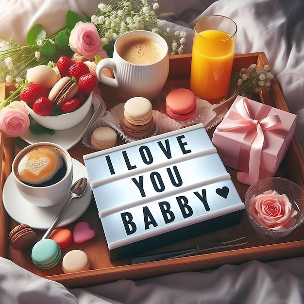 ロマンチックな朝食ベッドでI love you babyのメッセージをライトボックスにバレンタインデーポスト