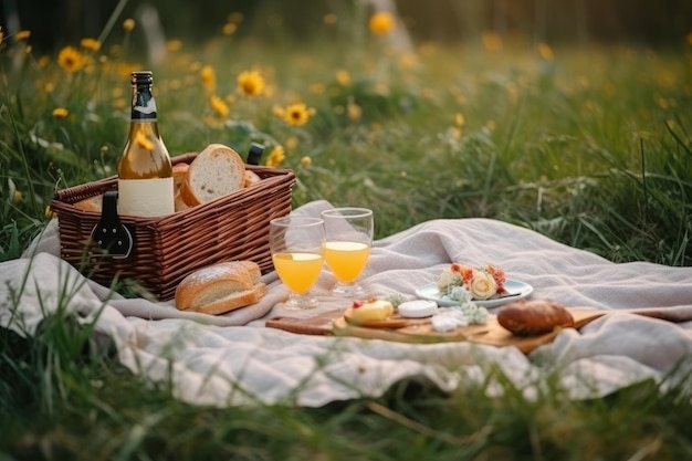 Romantic breakfast on green grass Generate Ai