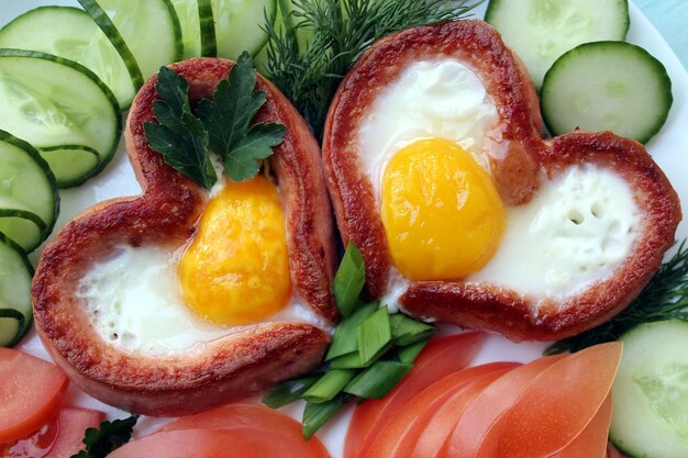Prima colazione romantica, uova strapazzate con salsiccia a forma di cuori.