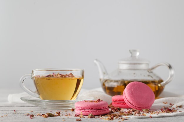 Romantic breakfast with cup of tea and macaroons