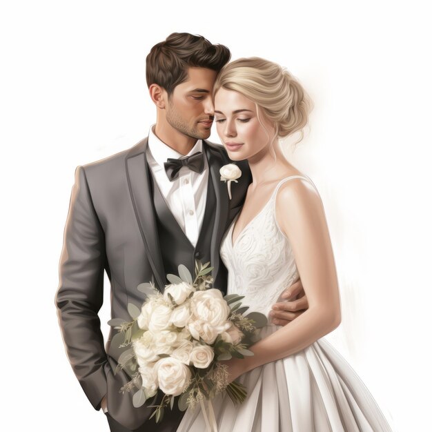 Romantic Bride And Groom Painting Portrait Realistic And Detailed 2d Illustration