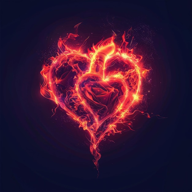 Romantic Burning Heart in Neon Style Illustration of Red Rose on Fire Perfect