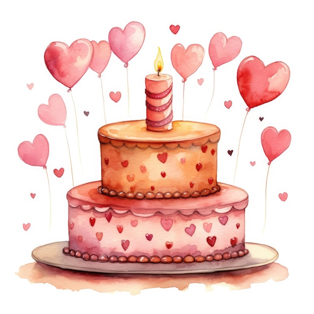 Romantic cake with candle heart balloons Watercolor illustration for Valentines day