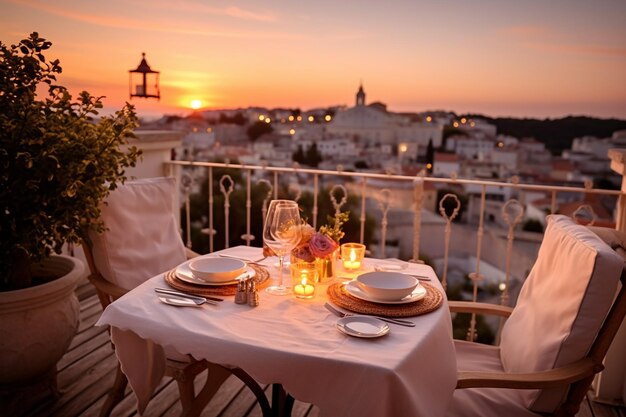 A romantic candlelit dinner on a rooftop terrace ai generated