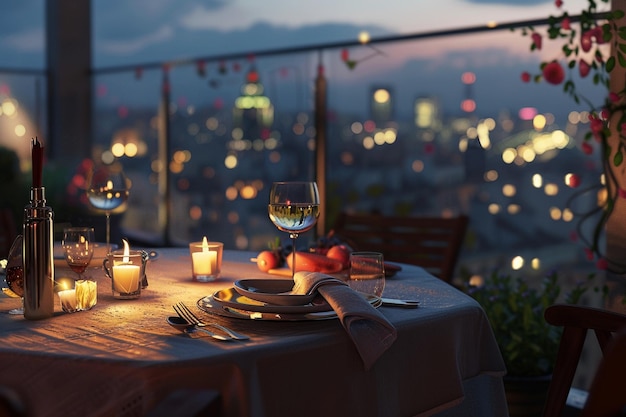 Photo romantic candlelit dinner for two on a rooftop ter