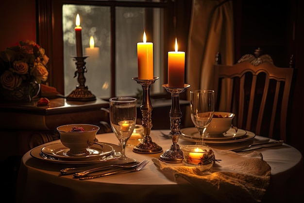 Romantic candlelit dinner for two with fine china and silverware