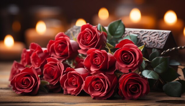 Romantic candlelit table love celebration gift of flower bouquet generated by artificial intelligence