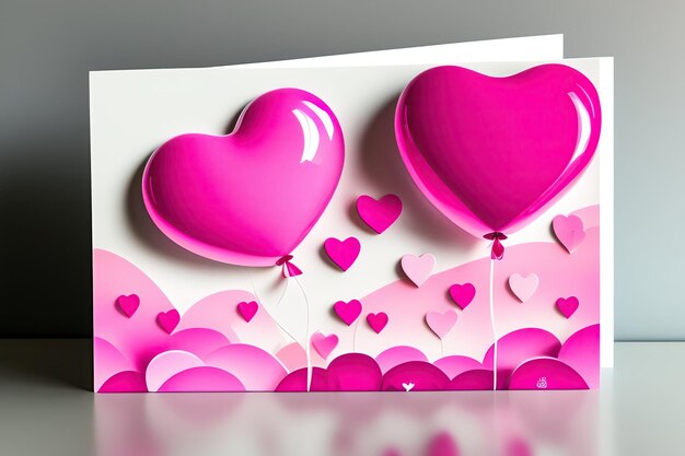 Romantic card with pink heart balloons
