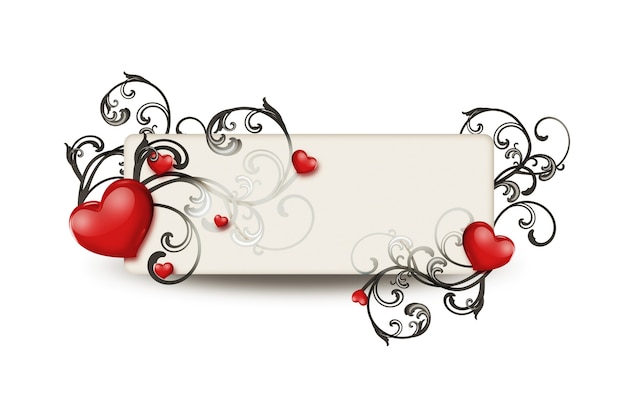 Romantic card with red hearts and floral ornament