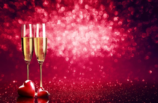 Романтическое празднование дня святого валентина с шампанским и праздничным фоном