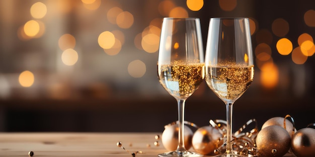 Romantic Champagne Glasses Beautiful Soft Bokeh for New Year Theme